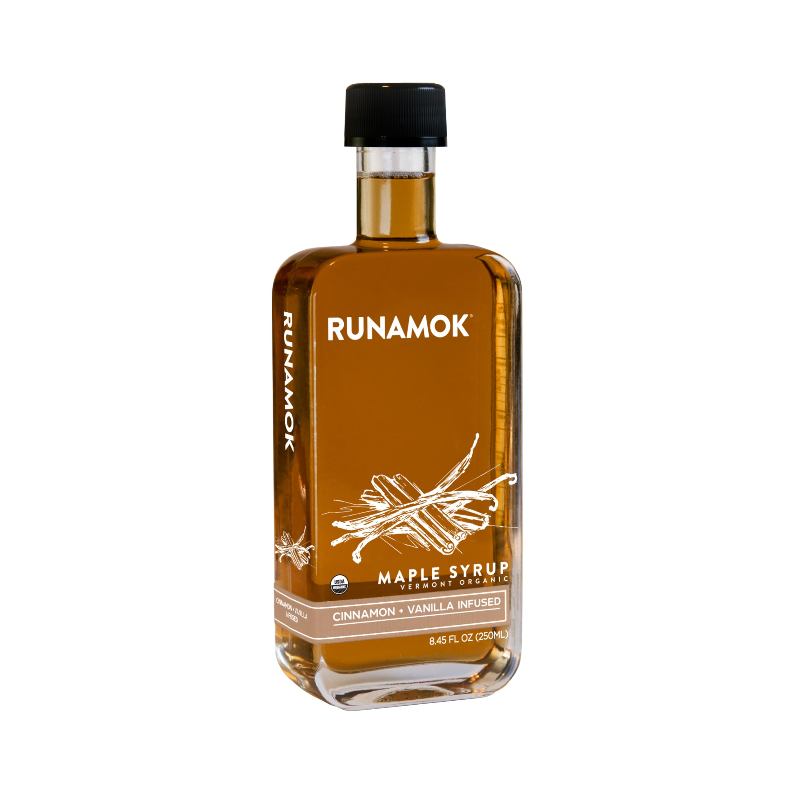 Runamok Maple Cinnamon-Vanilla Infused Maple Syrup - Authentic & Real Vermont Maple Syrup | Gluten Free & Natural Sweetener | Breakfast, Coffee, Pancakes Maple Syrup | 8.45 Fl Oz (250mL)