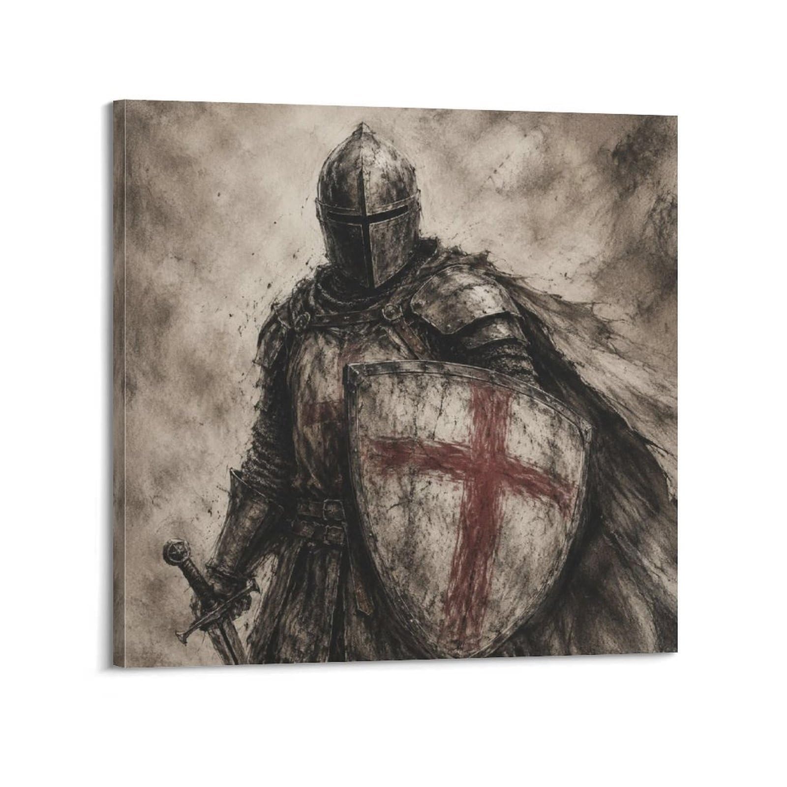 XKUGA Sacred Cross Templar Knight Gothic Poster Red Chalk Armor Modern Decorative Canvas Prints - Ideal Wall Art for Family, Man Cave, Game Room, Boys & Girls Bedroom 28x28inch(70x70cm)