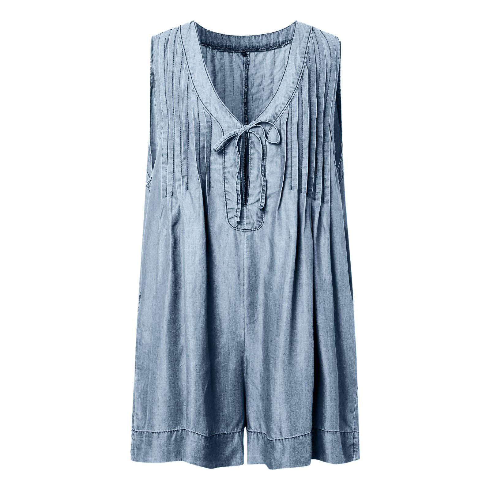 Generisch Mujer Casual Sin Mangas Corbata Delantera Denim Romper Mono Pantalones Cortos Jean Con Bolsillo