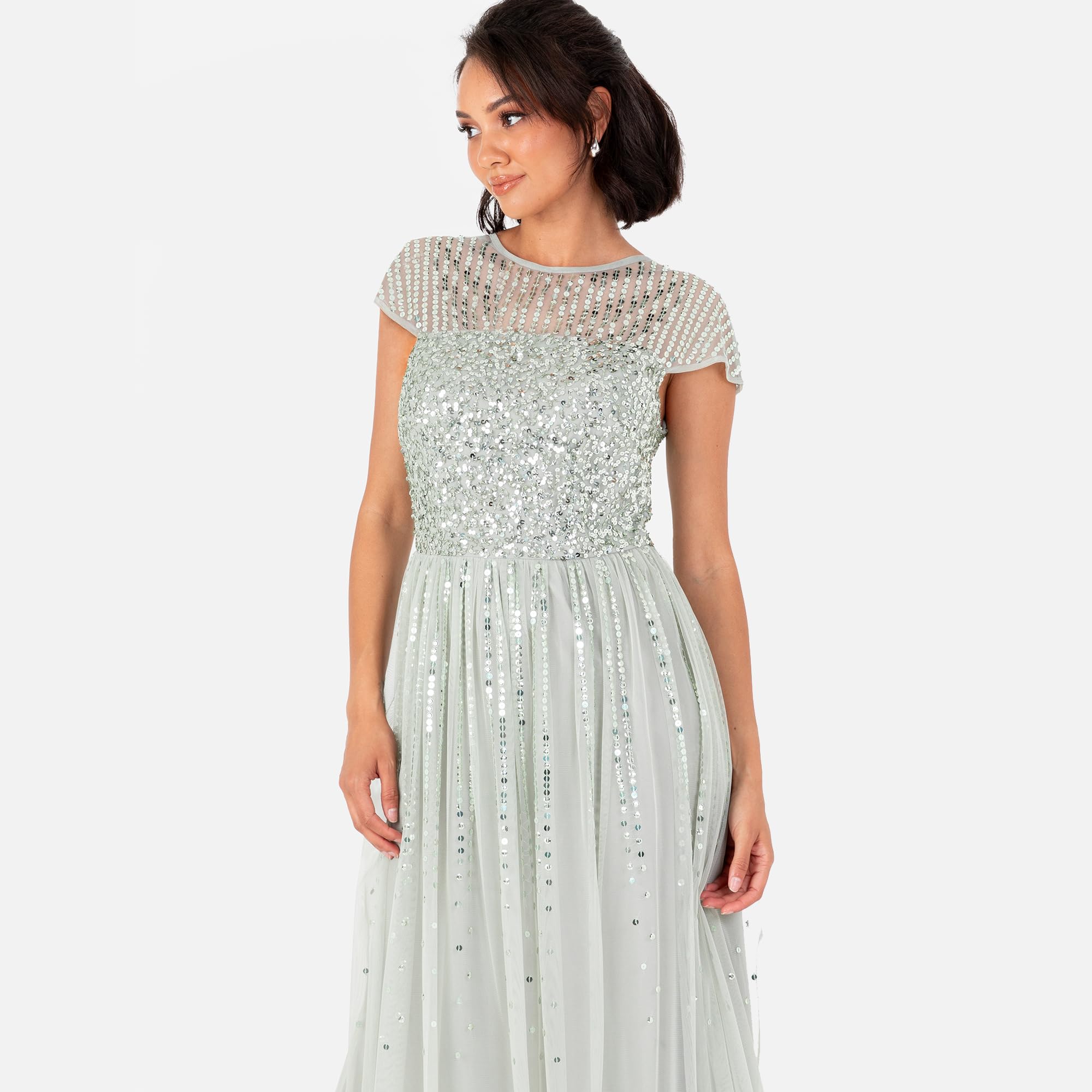 Maya Deluxe Damska sukienka maxi, z okrągłym dekoltem, z paskiem w paski, z haftowaną koszulką, z motywem nagrody A-line, Green Lily, 36