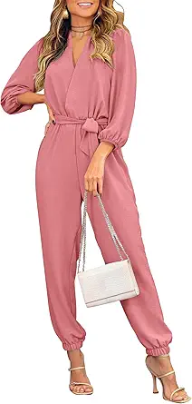 PRETTYGARDEN Women's Fall Jumpsuits Dressy Casual Pants Romper Spring Long Sleeve V Neck Belt Pockets One Piece Outfits