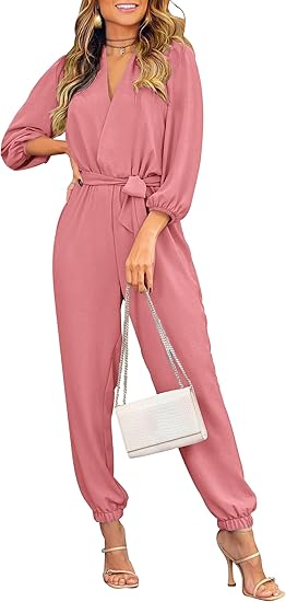 PRETTYGARDEN Women's Fall Jumpsuits Dressy Casual Pants Romper Spring Long Sleeve V Neck Belt Pockets One Piece Outfits