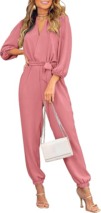 PRETTYGARDEN Women's Fall Jumpsuits Dressy Casual Pants Romper Spring Long Sleeve V Neck Belt Pockets One Piece Outfits