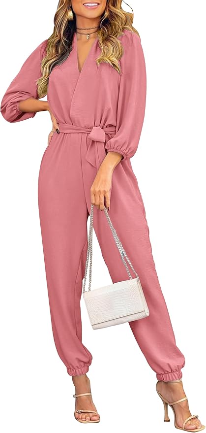 PRETTYGARDEN Women's Fall Jumpsuits Dressy Casual Pants Romper Spring Long Sleeve V Neck Belt Pockets One Piece Outfits