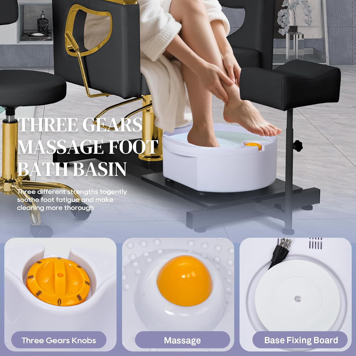 FHFO Pedicure Chair No Plumbing, 360° Swivel Hydraulic Adjustable Reclining Station with Massage Foot Bath & Footrest for Nail Tech, Spa, Salon (Black-Gold)