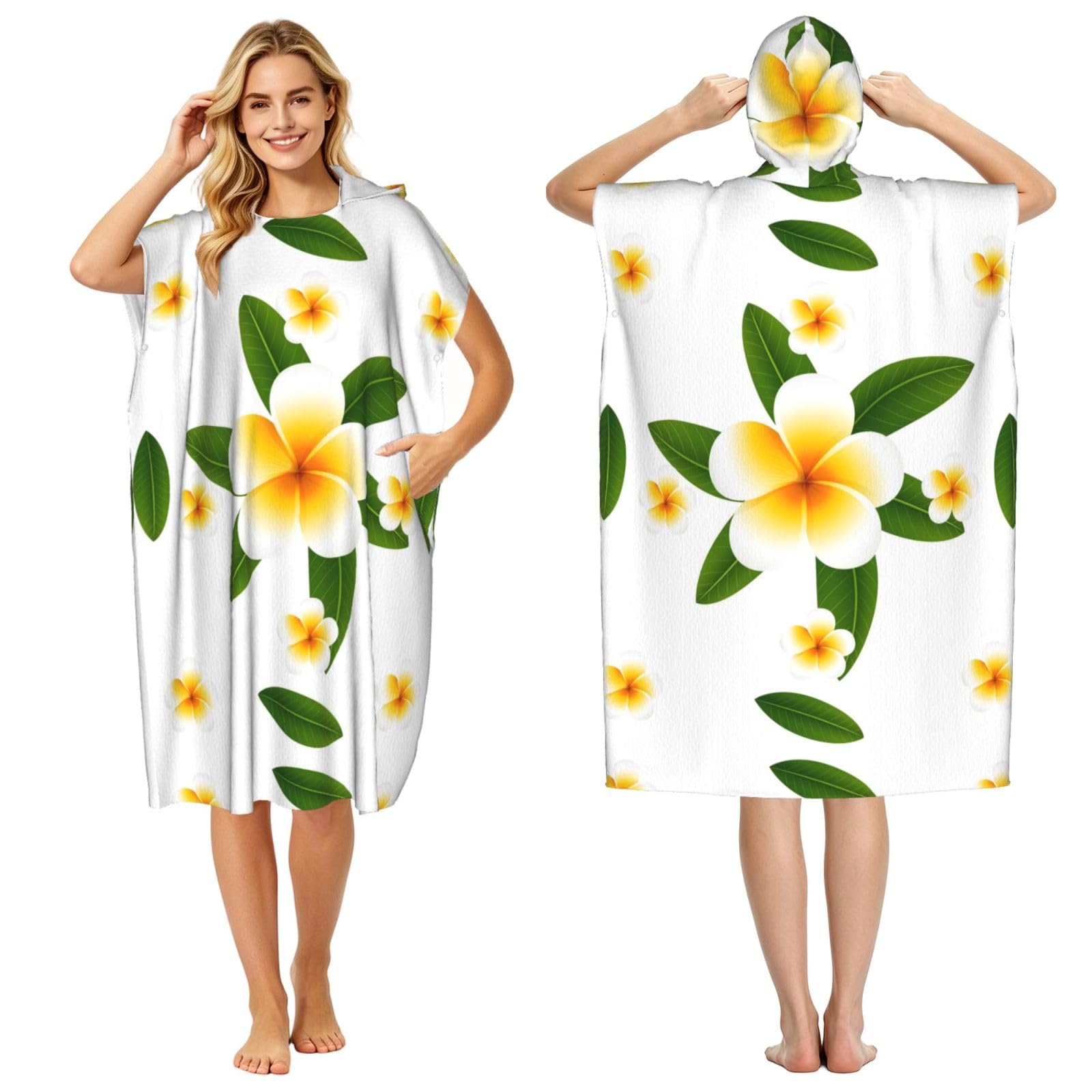 Poadnly Seamless Background Design With Plumeria And Leaves, Adult Hooded Beach Towel 90 x 110 cm,Changing Bath Robe, Surf Poncho Towel For Women Men