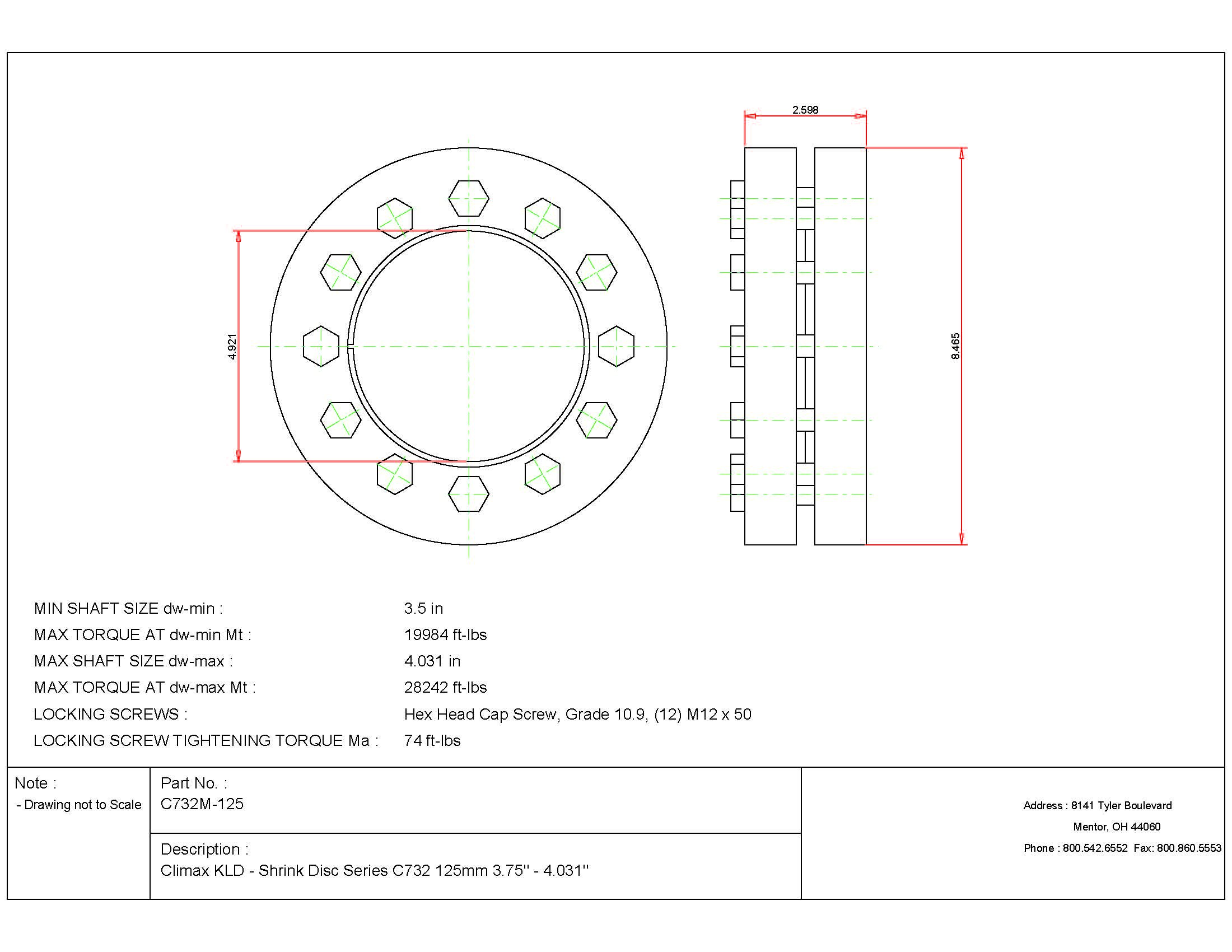 Climax Metals C732M-155 Shrink Disc, Heavy Duty, Steel with Zinc Plated Outer Rings, 155 mm Diameter Bore, 6.1