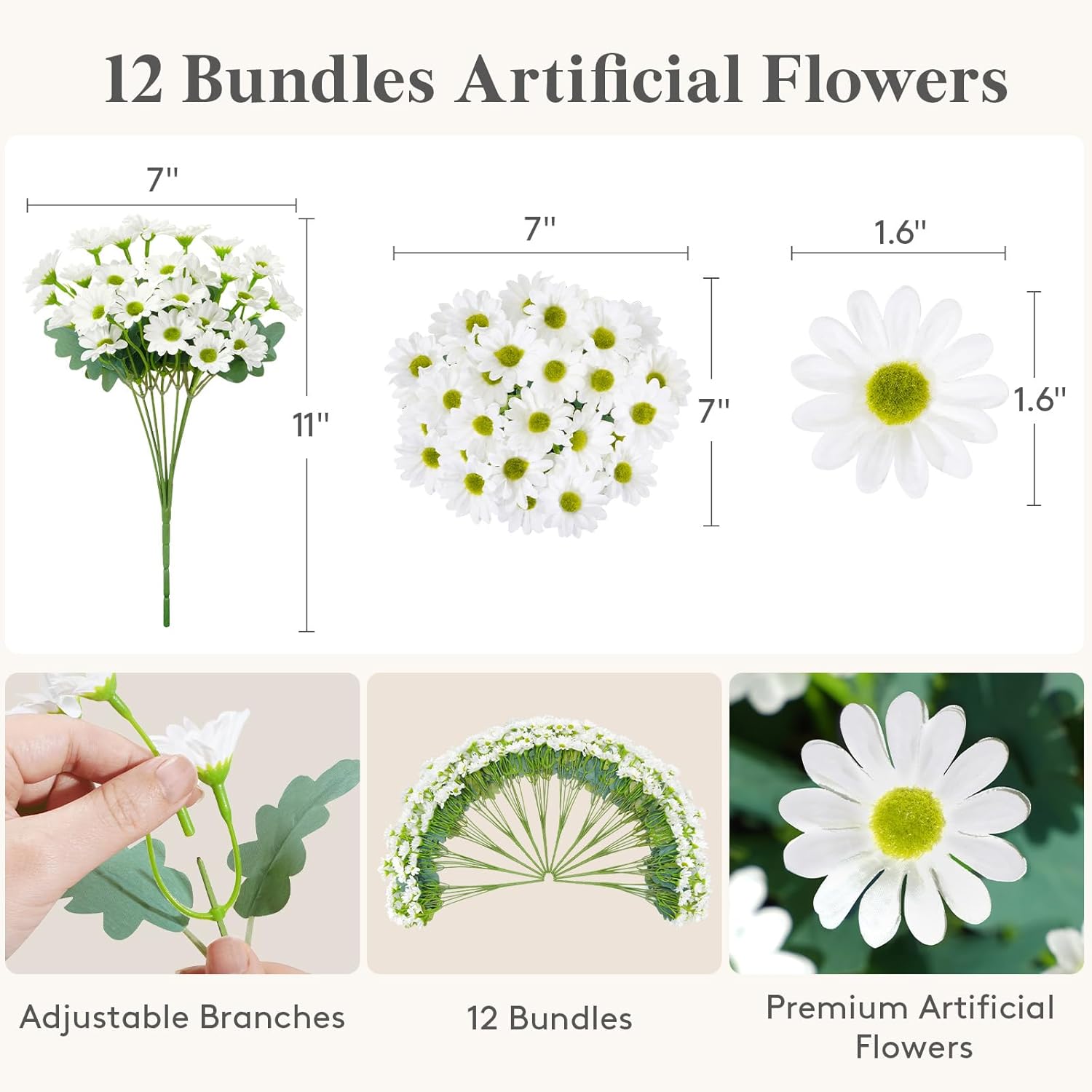 Lifewit Artificial Flowers Daisy for Outdoor Indoor, 12 Bundles Plastic Fake Flowers Mums for Home Garden Decor, Porch, Window Box, Faux Realistic Plants with UV Resistant(White)