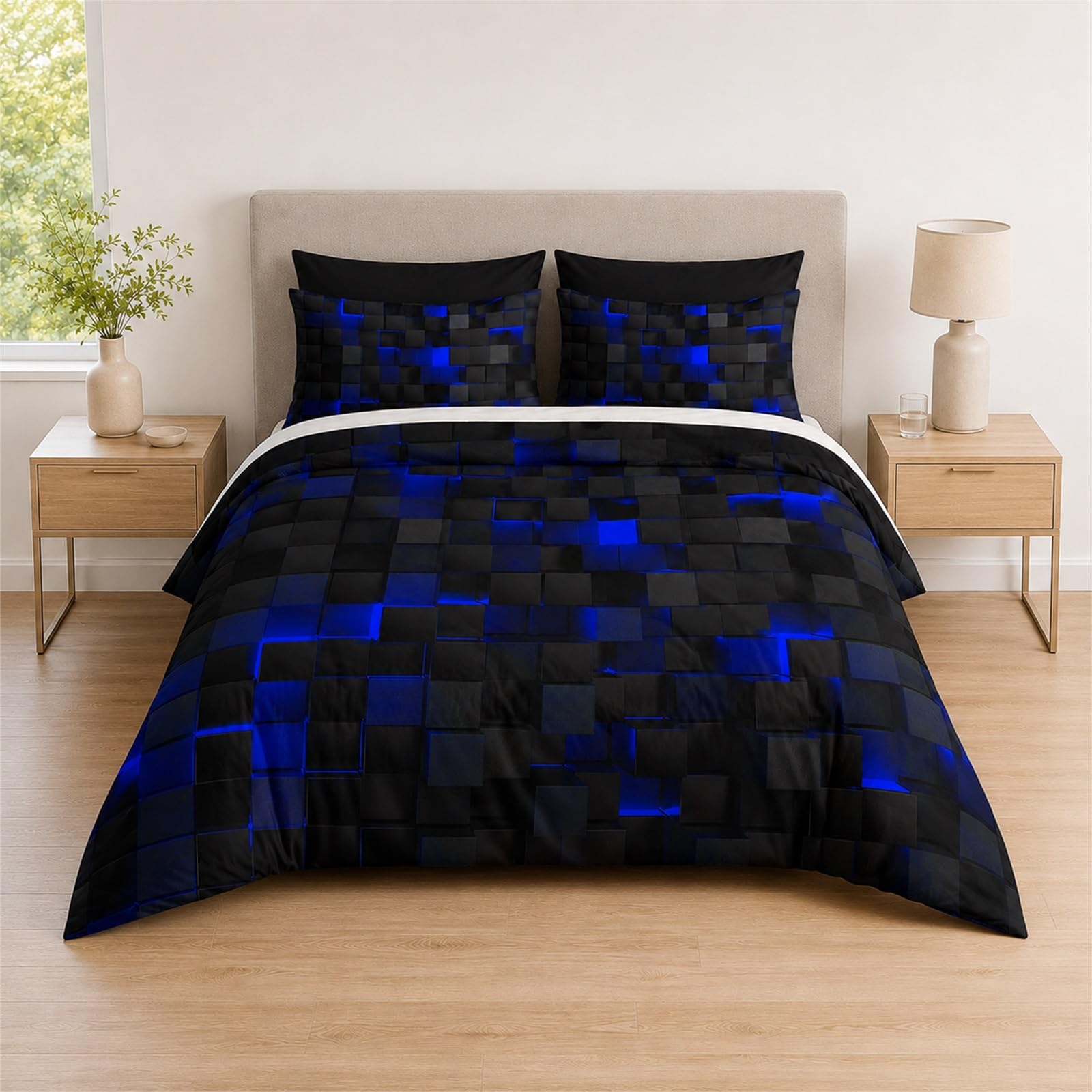 Tabeskly Boys Kids Geometric Square Bedding Geometry Lattice Single Duvet Cover Sets with Zipper Black Neon Blue 135x200 CM — image 1