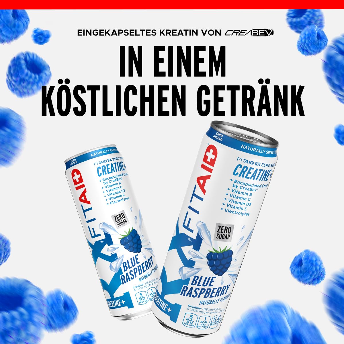 FITAID RX Blue Raspberry Zero Clean Creatin Recovery Sport Drink & Hydration Helper – Regenerationsgetränk mit Kreatin Monohydrat BCAA Elektrolyte ohne Zucker Kurkuma Vitamine Quercetin CoQ10 24x355ml