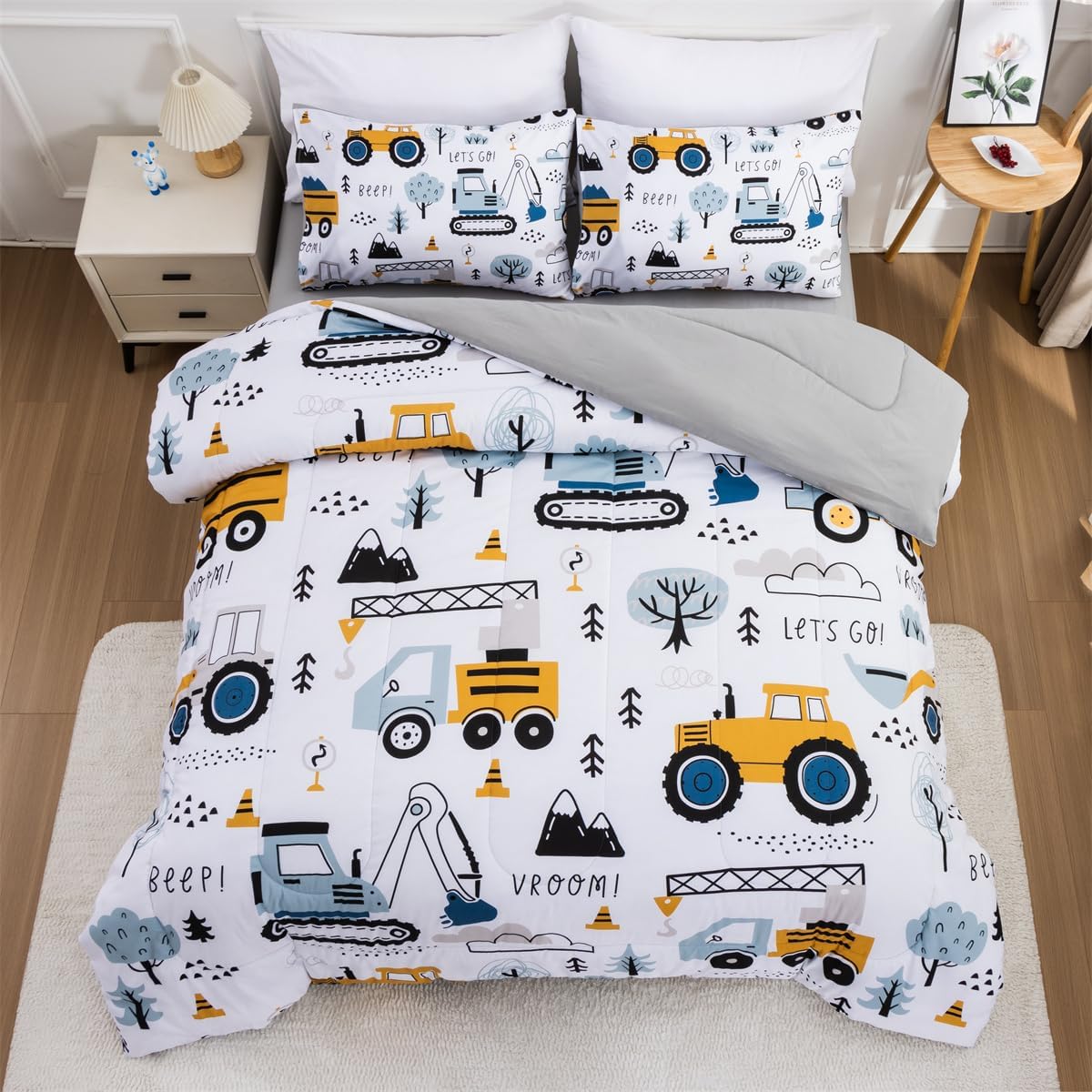 NTBED 5 Pieces Construction Truck Full Comforter Set for Boys Kids Forest Vehicles Excavator Lightweight Microfiber Bedding Sets Grey Blue Full 5pcs