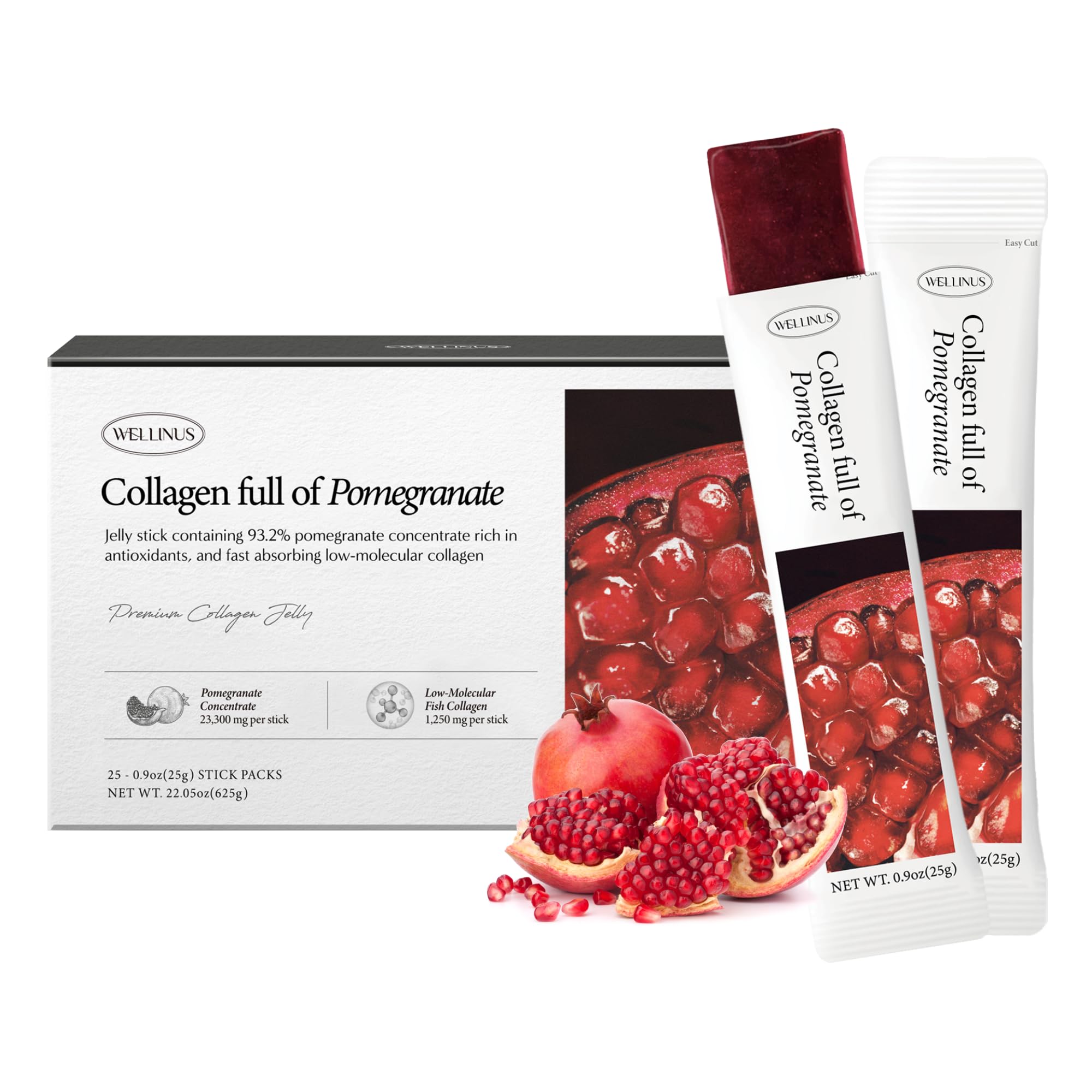 Collagen Jelly Stick, Marine Collagen Peptides, Fast Absorbing Snack, Ultra-Low Weight Molecular, HACCP Certified, 22.05 oz/Pack of 25 (Pack of 25, Pomegranate)