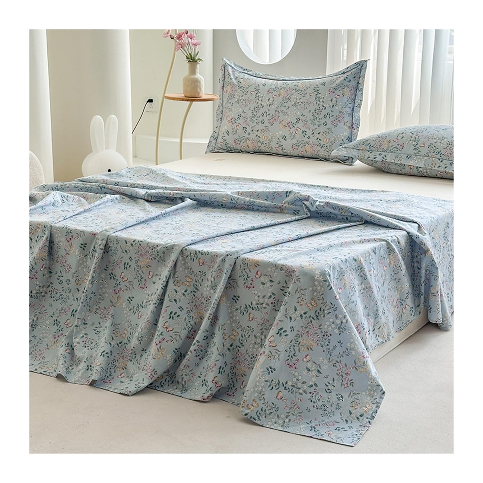 Bettlaken Betttuch Haustuch Laken aus 100% Baumwolle mit Blumenmuster ohne Gummizug Atmungsaktives und Weiches(Flower A,245x270cm Rounded)