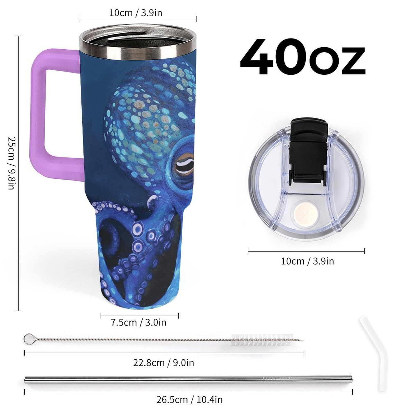 Autobecher aus 304 Edelstahl, 1,2 l, blauer Oktopus-Becher mit Strohhalm und auslaufsicherem Deckel, großes Fassungsvermögen, vakuumisolierter Reisebecher für Auto-Becherhalter