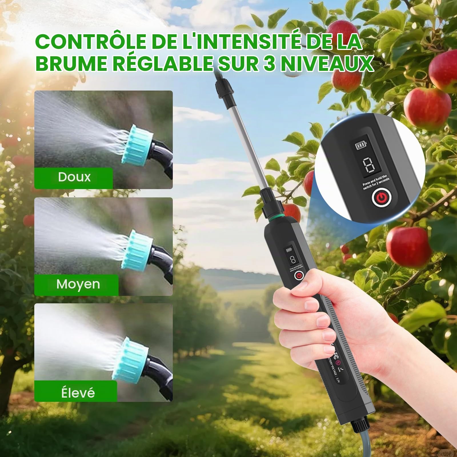 auvstar Pulvérisateur Électrique de Jardin 8L avec 4 Buses,Portable Pulverisateur a Pression Rechargeable pour Jardin,Traitement des Plantes,3 Vitesses de Pulverisation et Canne Telescopique