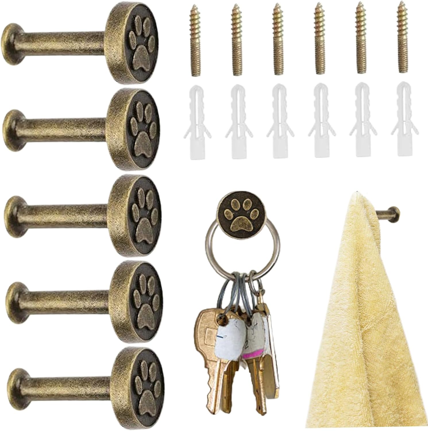 6Pcs Cabinet Knobs, Retro Paw Print Wall Hooks, Zinc Alloy Drawer Handles for Cabinet Mirror Cupboard Window Door Drawer Knobs