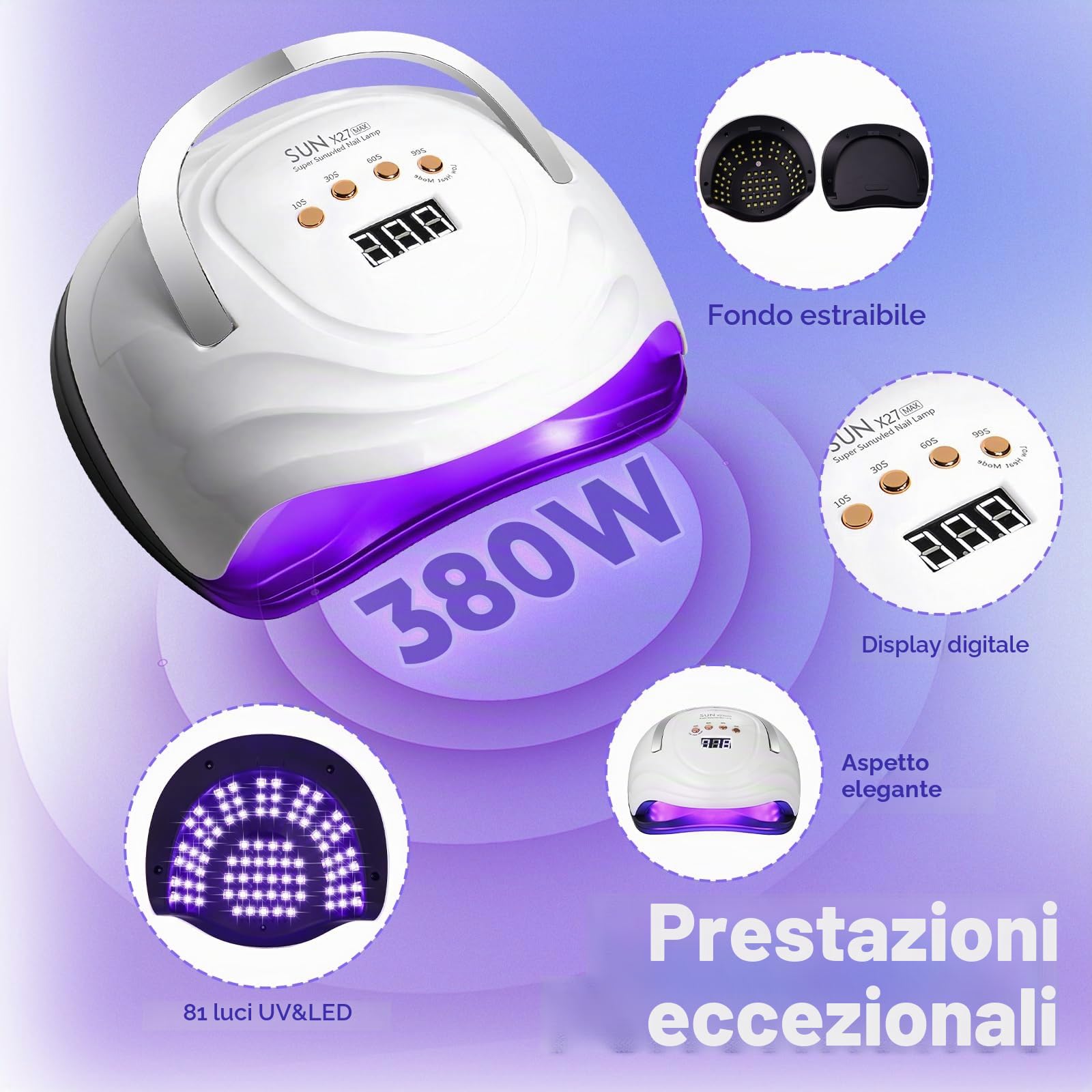 Lampada UV LED Unghie 380W Professionale, con 81 LED Luce Rossa Anti-Macchie, Sensore Automatico, 4 Timer, Base Rimovibile per Manicure & Pedicure, per Casa e Salone