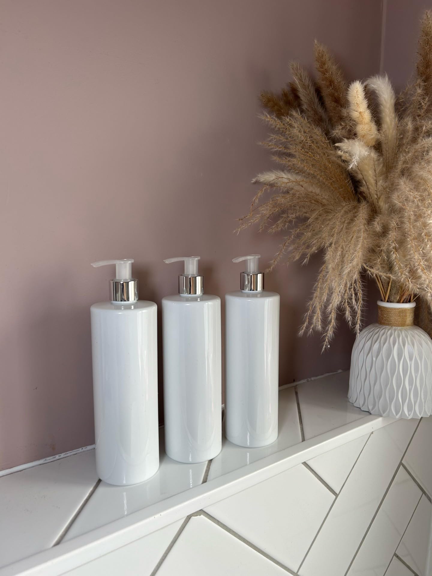 3 x 500ml White Bathroom Bottles with Natural and Silver pumps