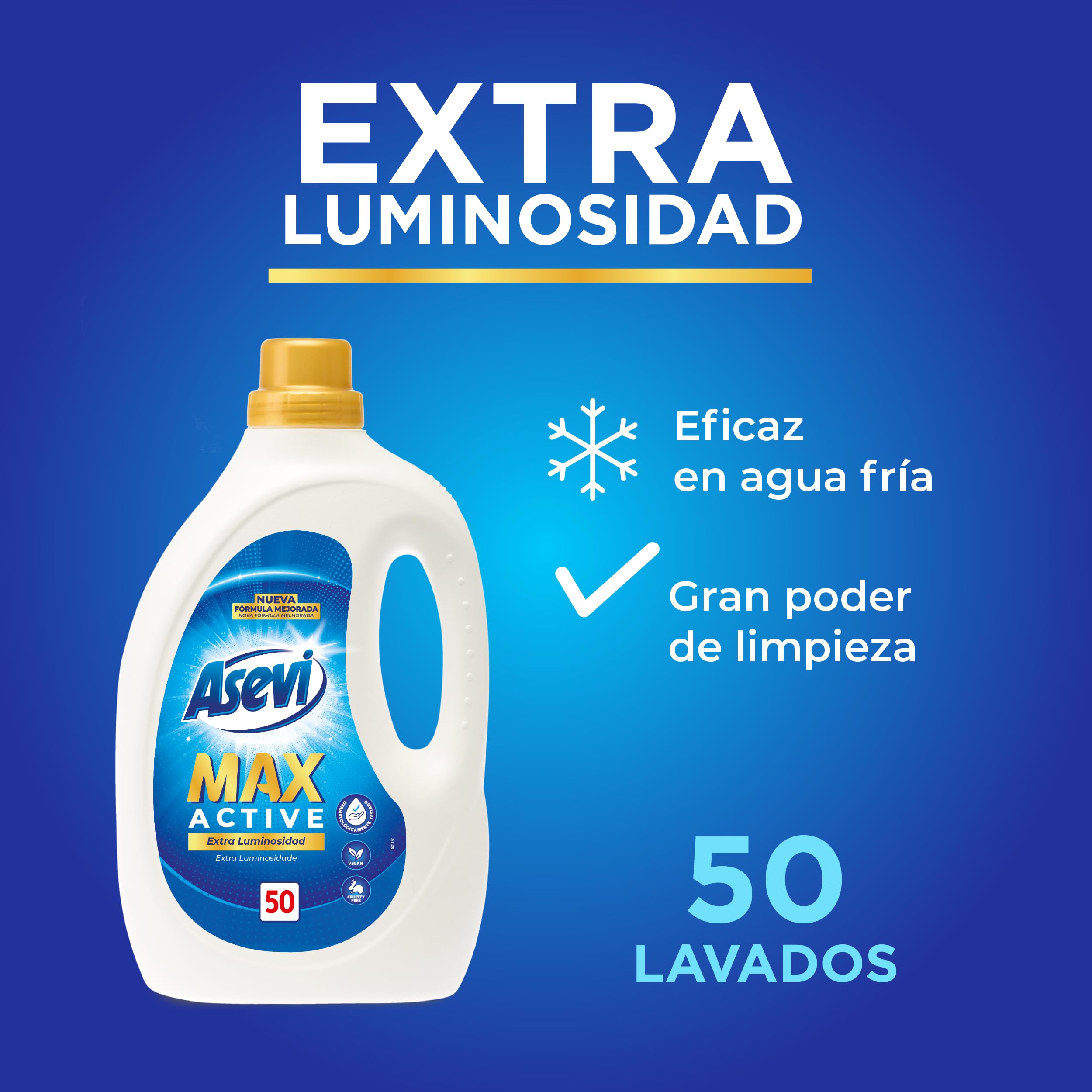 Asevi Detergente Líquido para Lavadora Max Active - Detergente Hipoalergénico Concentrado Ropa Blanca y de Color - Poder Quitamanchas y Extra Luminosidad para una Ropa Limpia y Cuidada - 5x50 Lavados