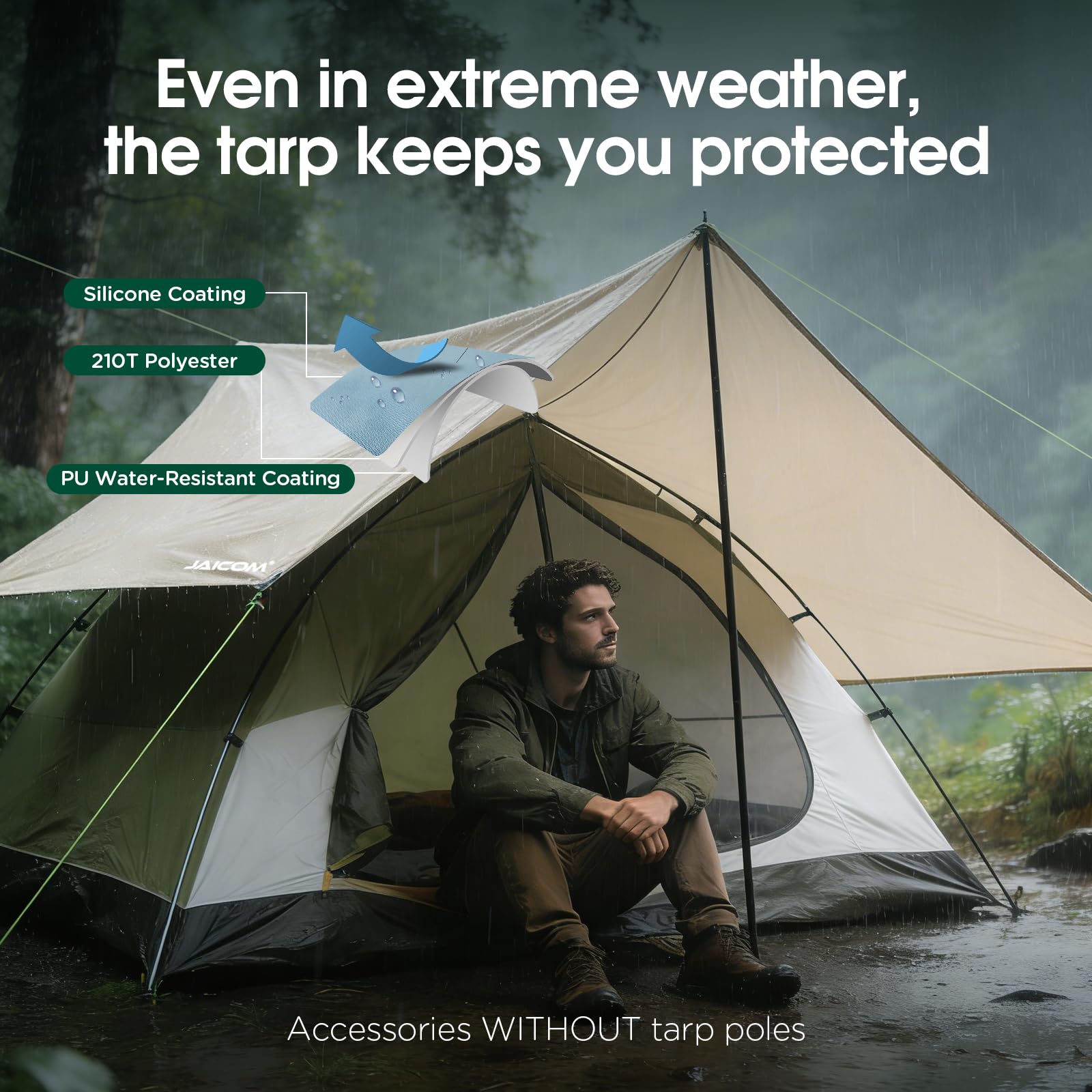 JAICOM Tarp Wasserdicht, 3.6x2.9m Ultraleicht Camping Zeltplane, Anti-UV Sonnen Regen Schutz Schnee, Sonnensegel mit Öse, Nylonseile, Aluminiumstifte, Zelt Clips, für Hängematte Picknick Wandern