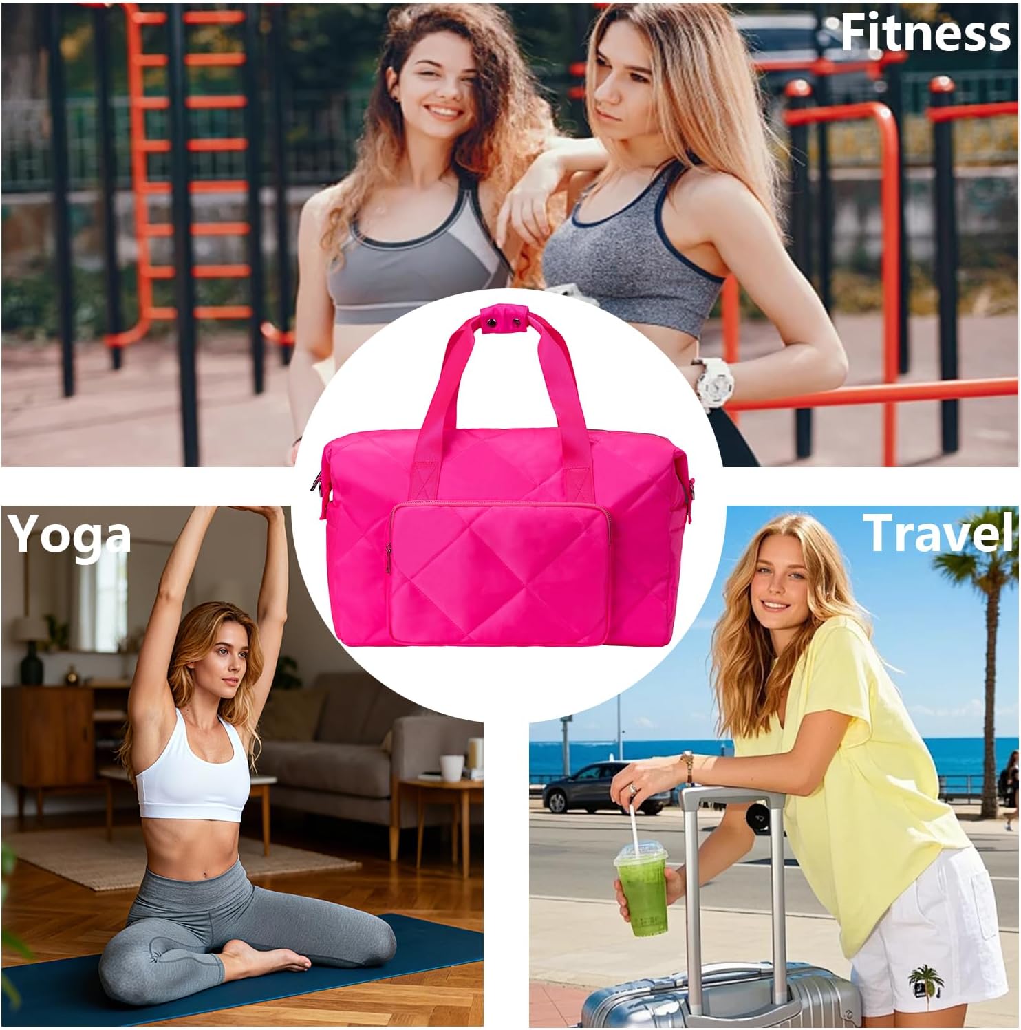 Hot Pink Gym Bag for Women, 18 Inch Lightweight Puffy Carry On Duffel Bag for Travel Sports Yoga, Water Resistant