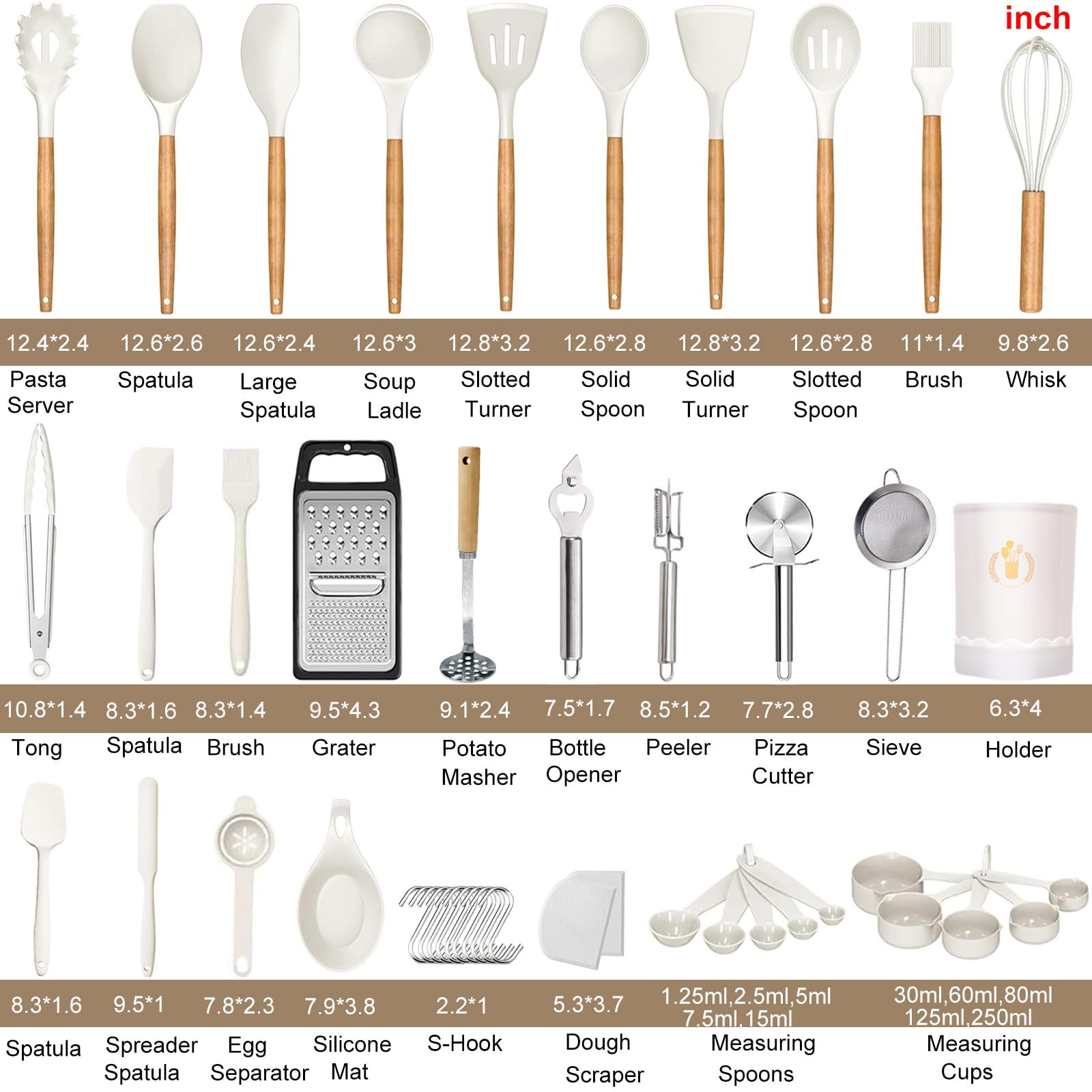 Silikon-Küchenutensilien-Set, 46-teiliges Silikon-Küchen-Kochutensilien-Set, Silikon-Pfannenwender-Set mit Halterung zum Kochen von antihaftbeschichteten Küchengeräten,Weiß