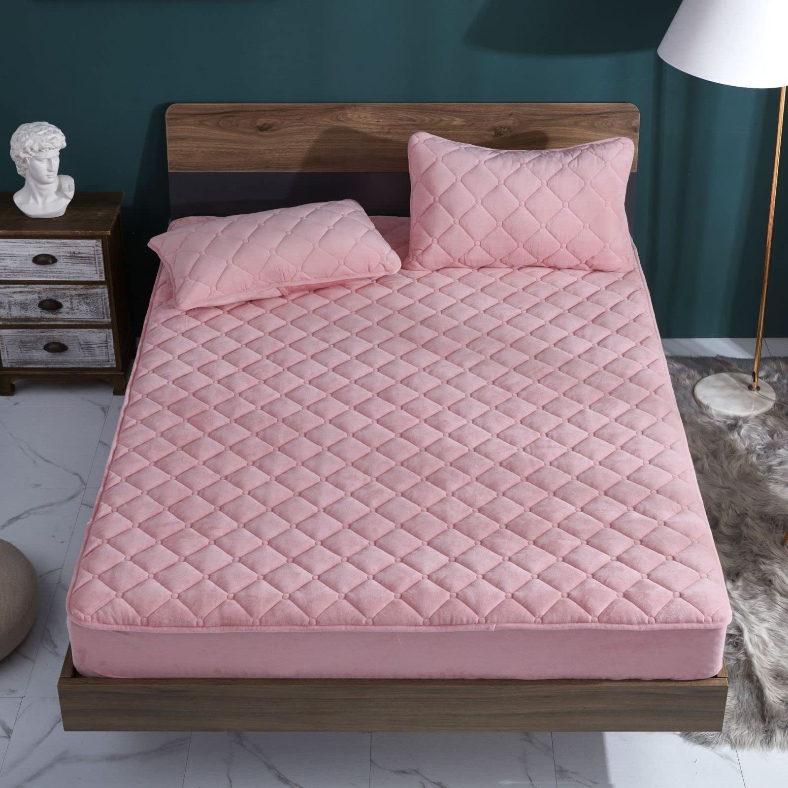 Sábanas bajeras de colchón con esquinas elásticas, para otoño e invierno, terciopelo de cristal acolchado grueso, color sólido, protector de colchón de bolsillo profundo, rosa, 180 x 200 cm + 25 cm (3