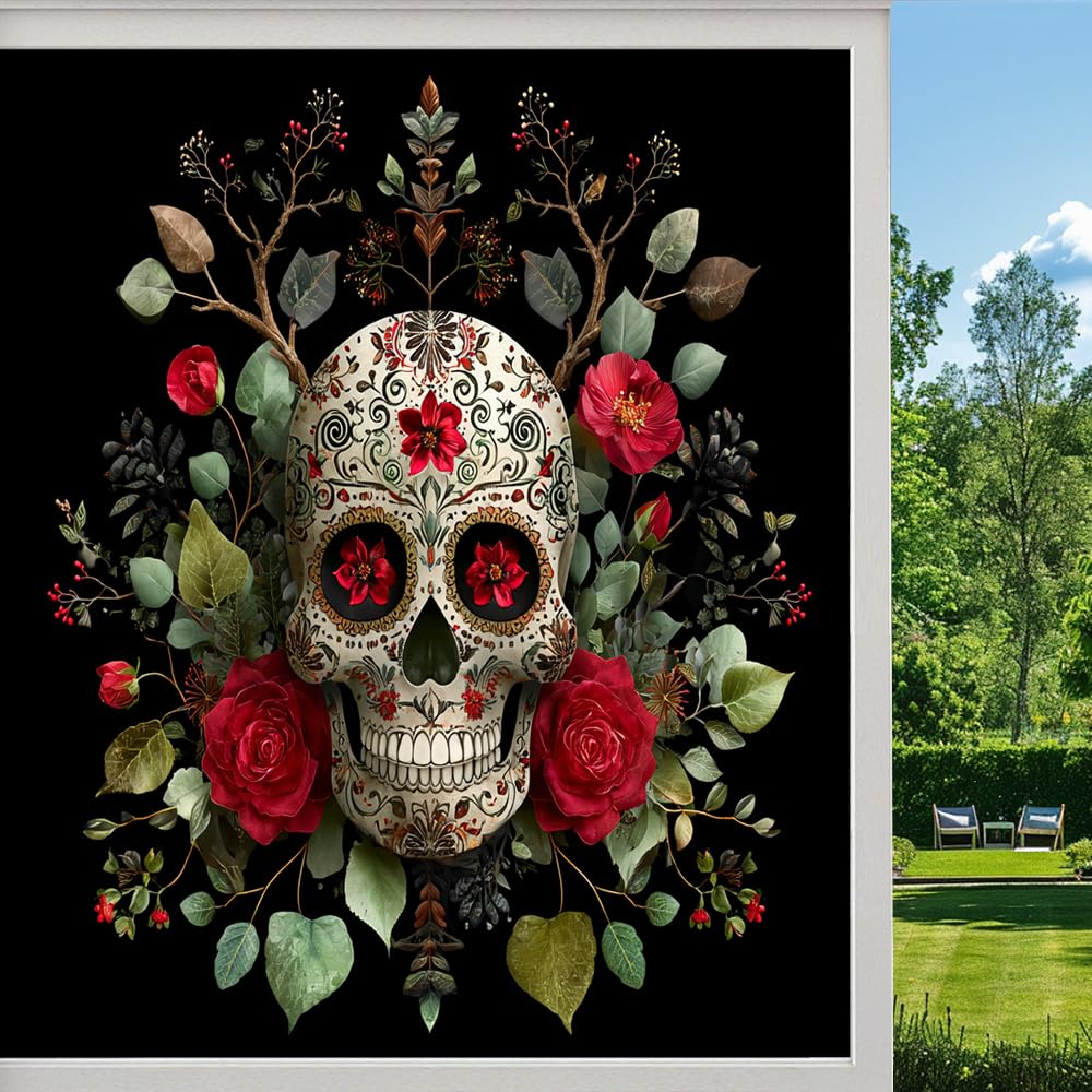 Colorful Skull Frosted Window Film, Gothic Floral Bones Stained Glass Privacy Film, Heat Insulation Self-Adhesive Vinyl for Bathroom Office, （90x160cm）