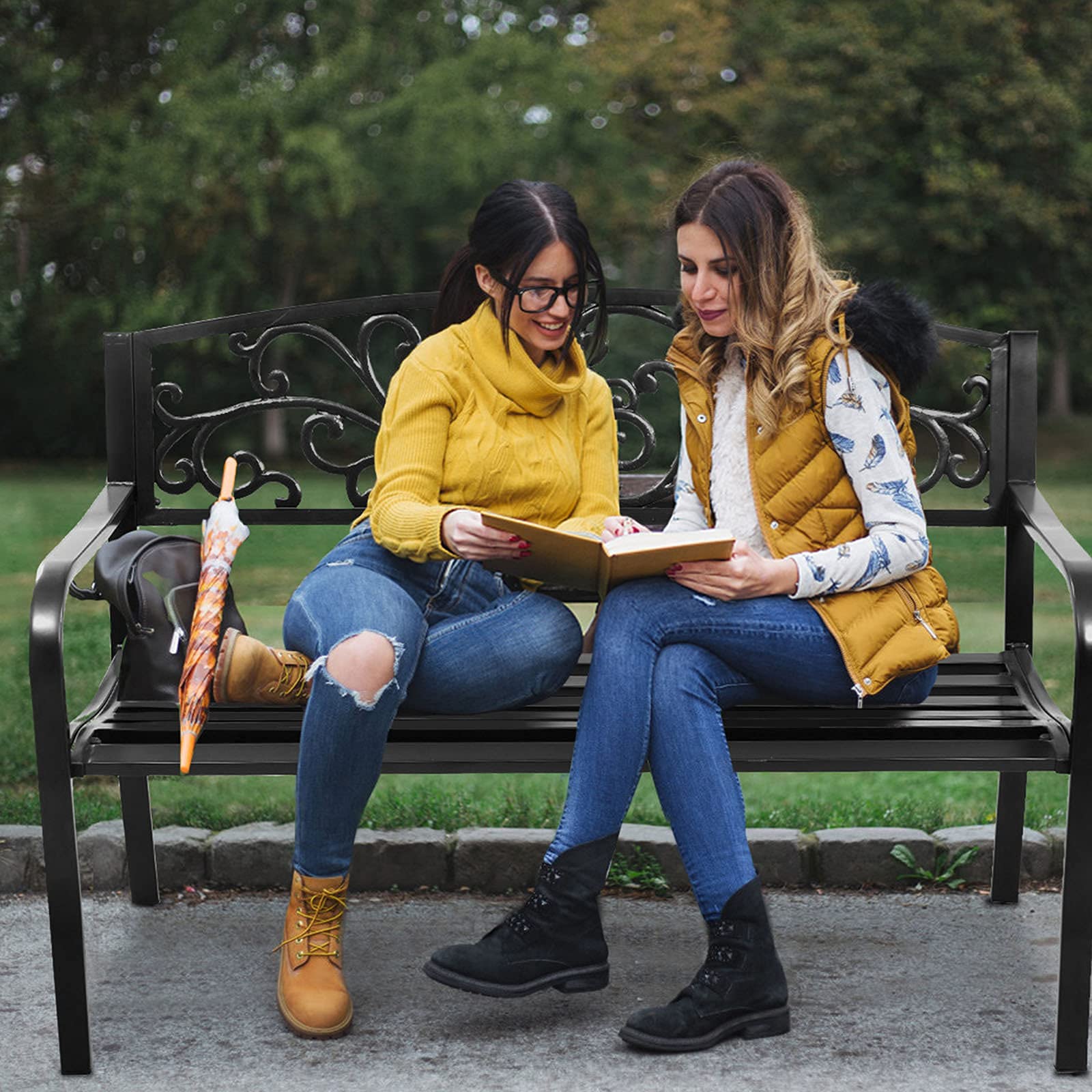 RELAX4LIFE Banc de Jardin Extérieur pour 2-3 Personnes, Banc de Jardin Fer Forgé Résistant avec Dossier Incliné, Accoudoirs Arrondis, Pieds Robustes, pour Terrasse Parc Pelouse, Noir