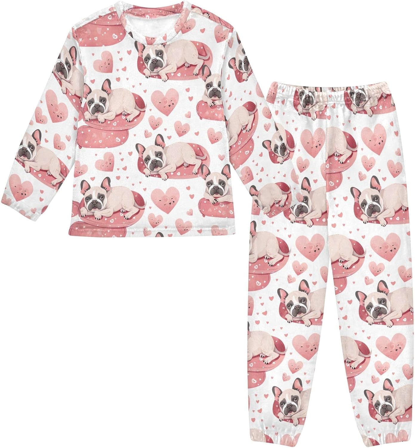 Cute Bulldog Pink Coral Fleece Pajama Set, Cozy Winter Loungewear with Elastic Cuffs and Pockets