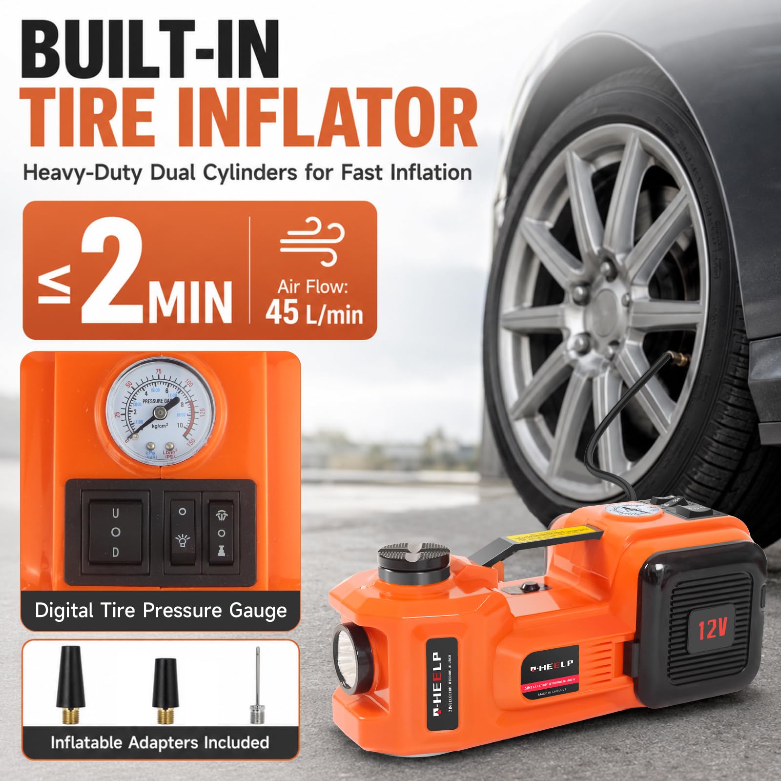 E-HEELP Kit cric elettrico idraulico per auto, 5 tonnellate, 12 V, sollevatore (portata di sollevamento: 6,1 ~ 45 cm) con avvitatore elettrico per SUV, monovolume, berlina, camion, cambio pneumatici
