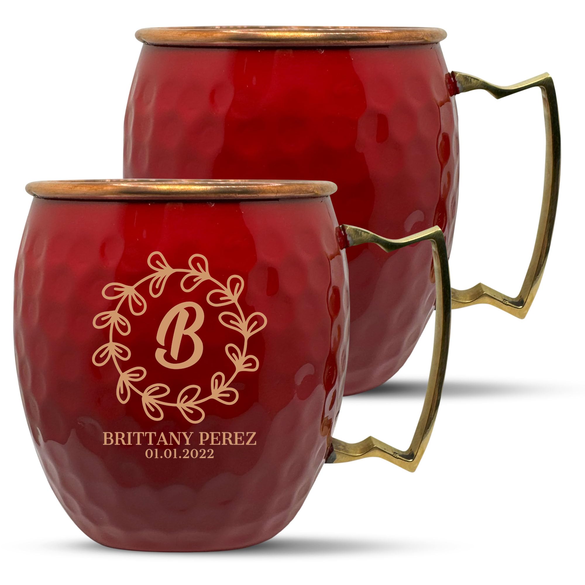 Custom Copper Moscow Mule with Hammered Painted Finish - Engraved Bar Style 100% Copper Cup with Personalized Petal Circle Monogram Wedding Themed Engraving, Brass Handle | 18 oz, Red | Set of 2