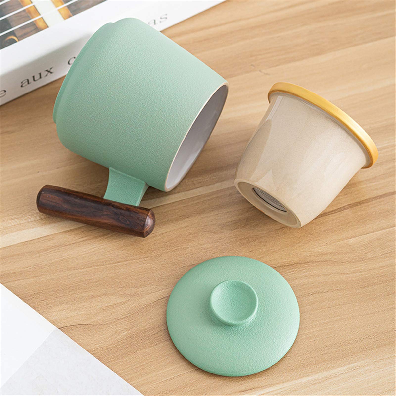 Taza De Té De Cerámica con Mango De Madera Anti-Quemaduras, Tazas De Té con Tapa Y Filtro, Mugs con Separación De Té Filtrada para Oficina, Hogar O Regalo (Rojo)