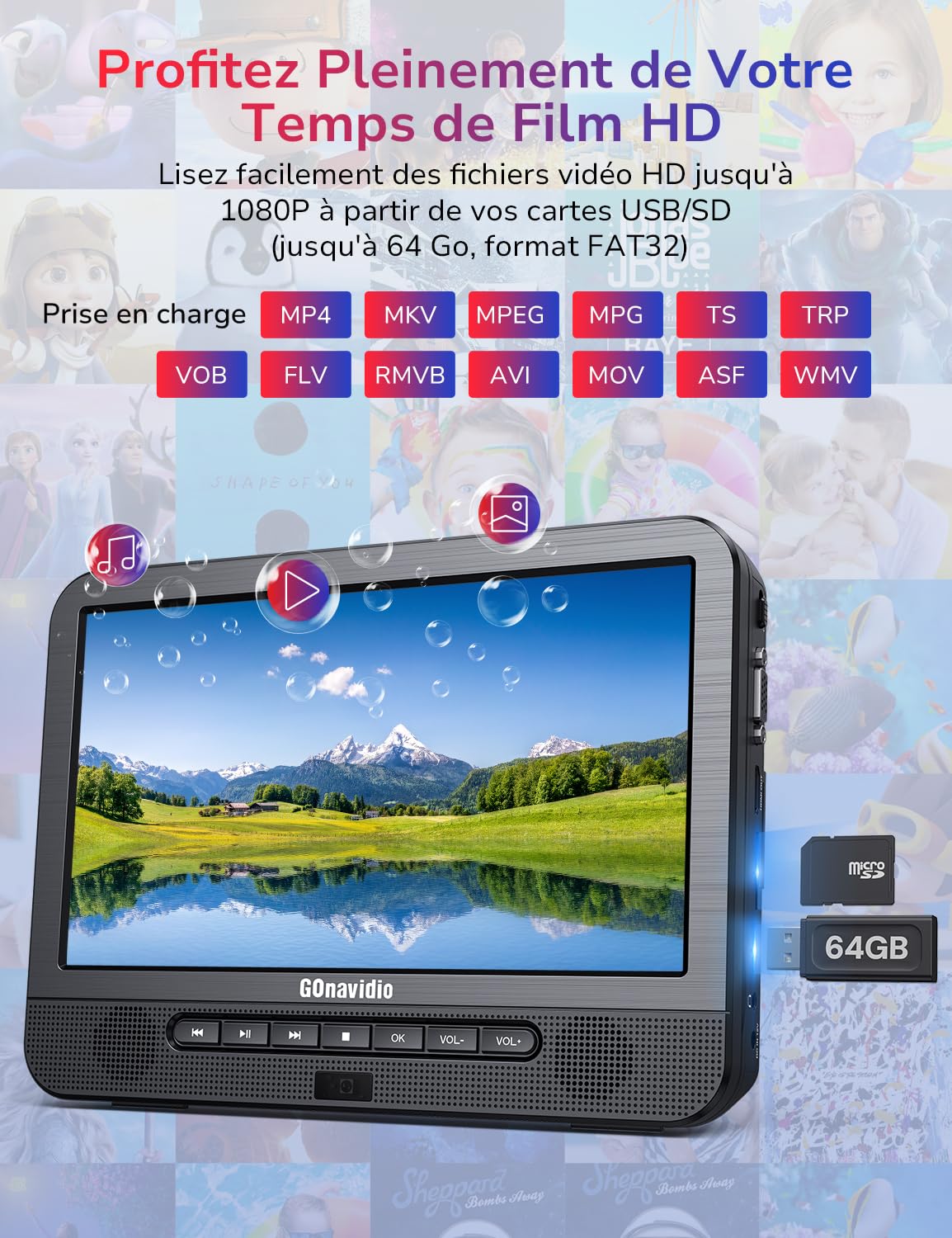 GoNavido Lecteur DVD Blu Ray 10.1" Lecteur blu Ray Portable,HDMI Out Prise en Charge 1080P Video,Lecteur blu Ray Voiture 2 ecrans avec battrie Rechargeable,Dolby Audio