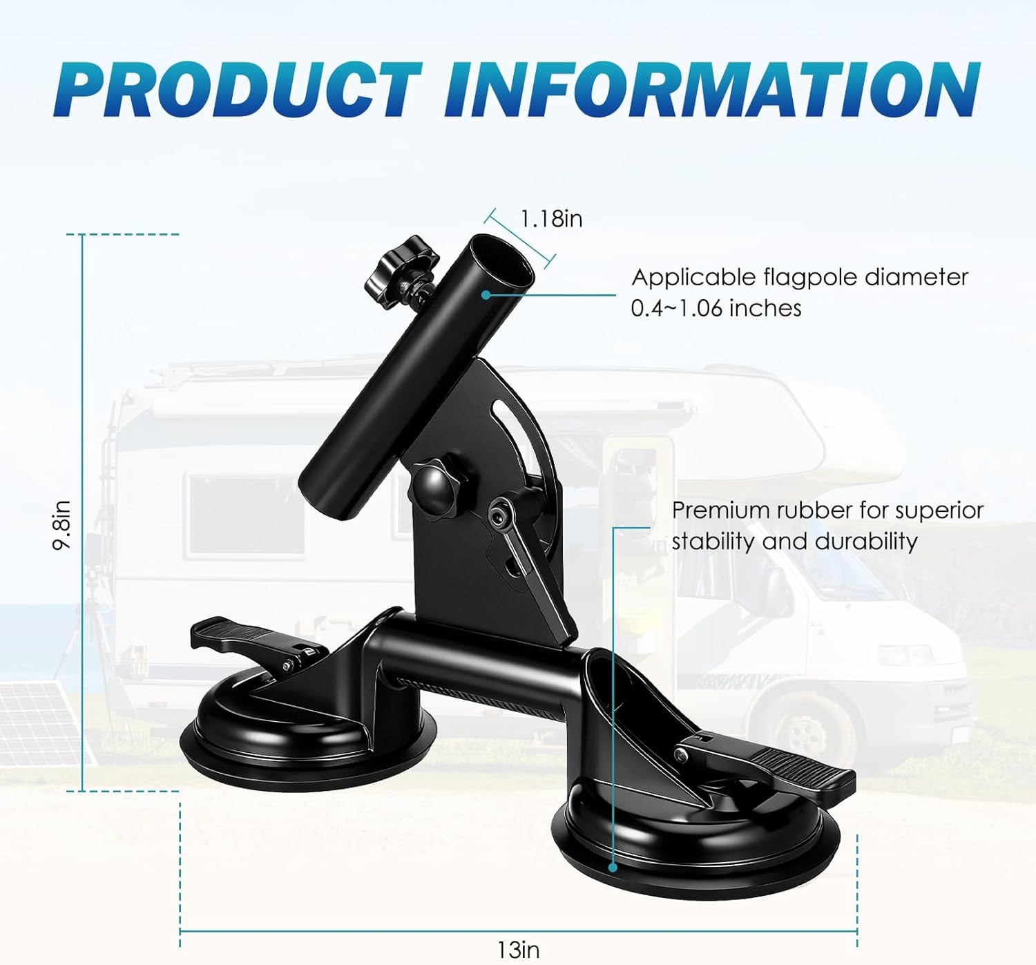Suction Cup Flag Pole Holder, Heavy Duty RV Flag Holder with 0- 90° Adjustable, Aluminum Dual Suction Cups for Car, Truck, Trailer, RV Flagpole Mount Fits 3/4" to 1" Flagpoles for Sports Events
