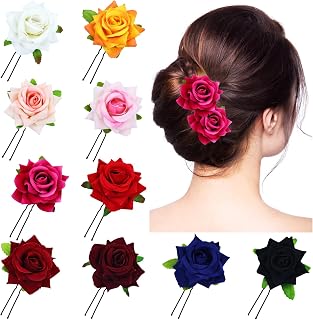 Lawie 10 Pack Colorful Wedding Bridal Red Rose Flower Hair Pins U-shaped Floral Hair Clips Formal Prom Party Decorative Bobby Pins Hair Accessories for Women Girls Brides Bridesmaids (Multi Colors)