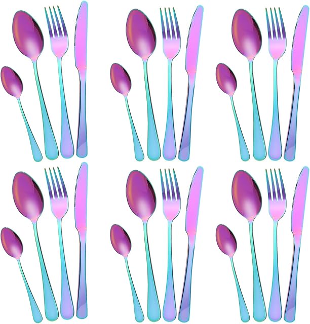 Cutlery Flatware Set24 Piece Silverware Set with Gift Box Stainless Steel Tableware Dinnerware Sets Knife Fork Spoon, Service for 6 Multipurpose Use Safe for Home Kitchen Party-Colorful