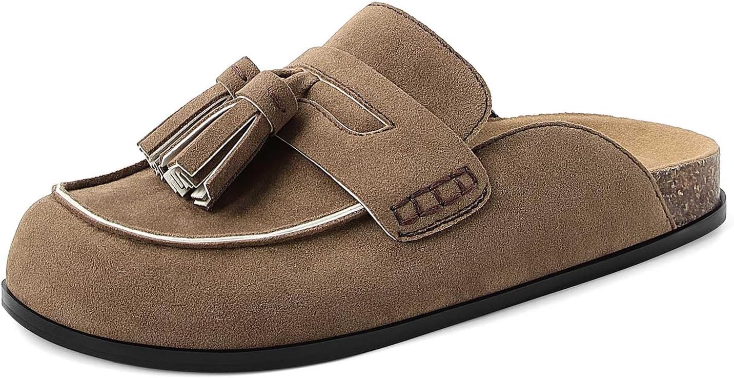 Suede Clogs for Women Cork Tassel Flat Loafers Comfort Mule Clogs Slip on Round Toe...