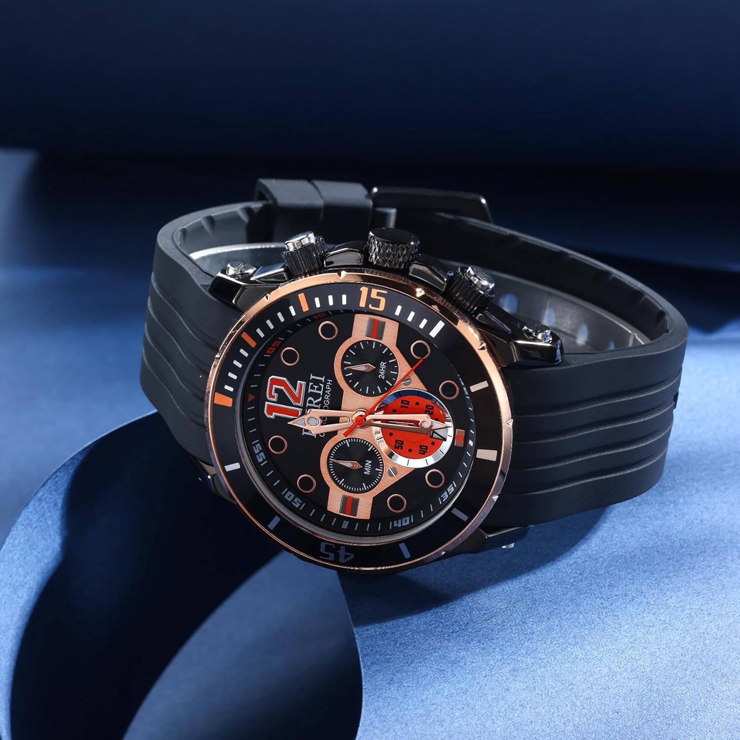 BUREI Men's Black Watch Chronograph Multi-Function Watches Silicone Strap Fashion Waterproof Casual Men's Watch Analog Quartz Watch with Calendar - Image 5