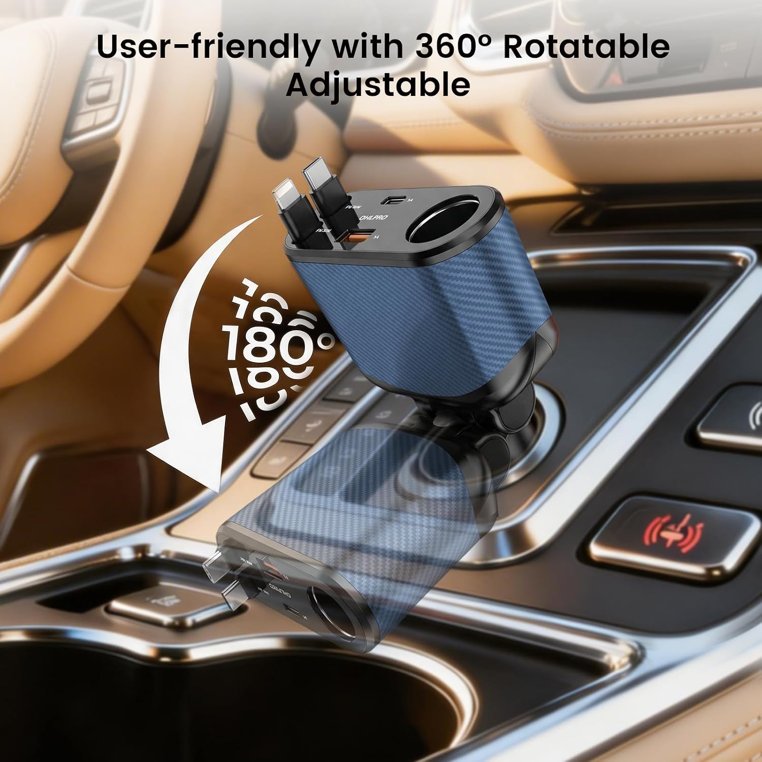 OHLPRO Retractable Car Charger Cigarette Lighter Adapter, 168W 5 in 1 Fast Phone Charging Built-in Replaceable Fuse, Socket Splitter with USB C and USB i Cord, Fit for Phone iPad Galaxy GPS, Blue image 3