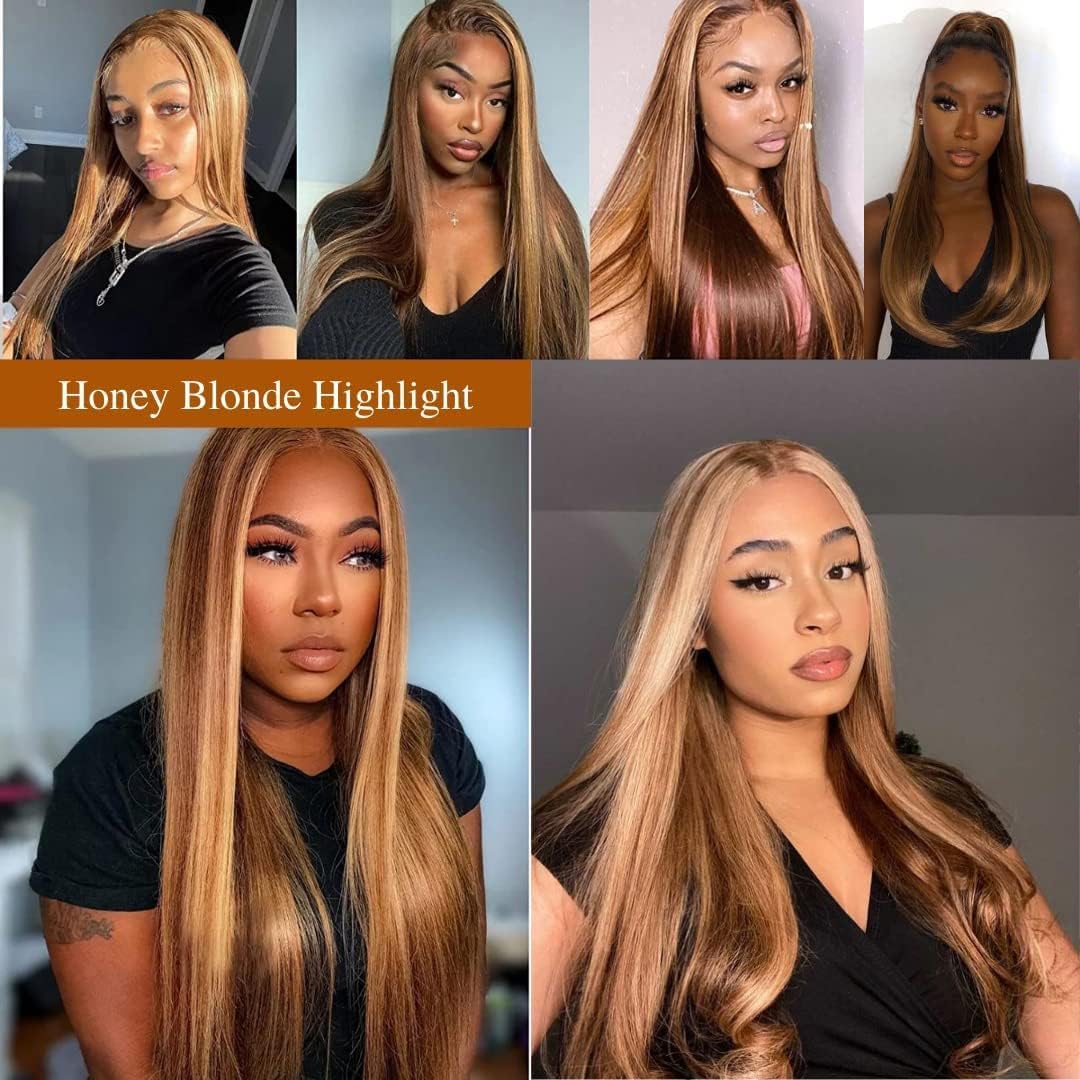 360 Lace Frontal Wig Honey Blonde Highlight 22 Inch 360 Human Hair Wig Ombre P4/27 Colored Straight Full Lace 360 HD Transparent Lace Brazilian Virgin Human Hair Wigs Free Part Pre Plucked 150 Density