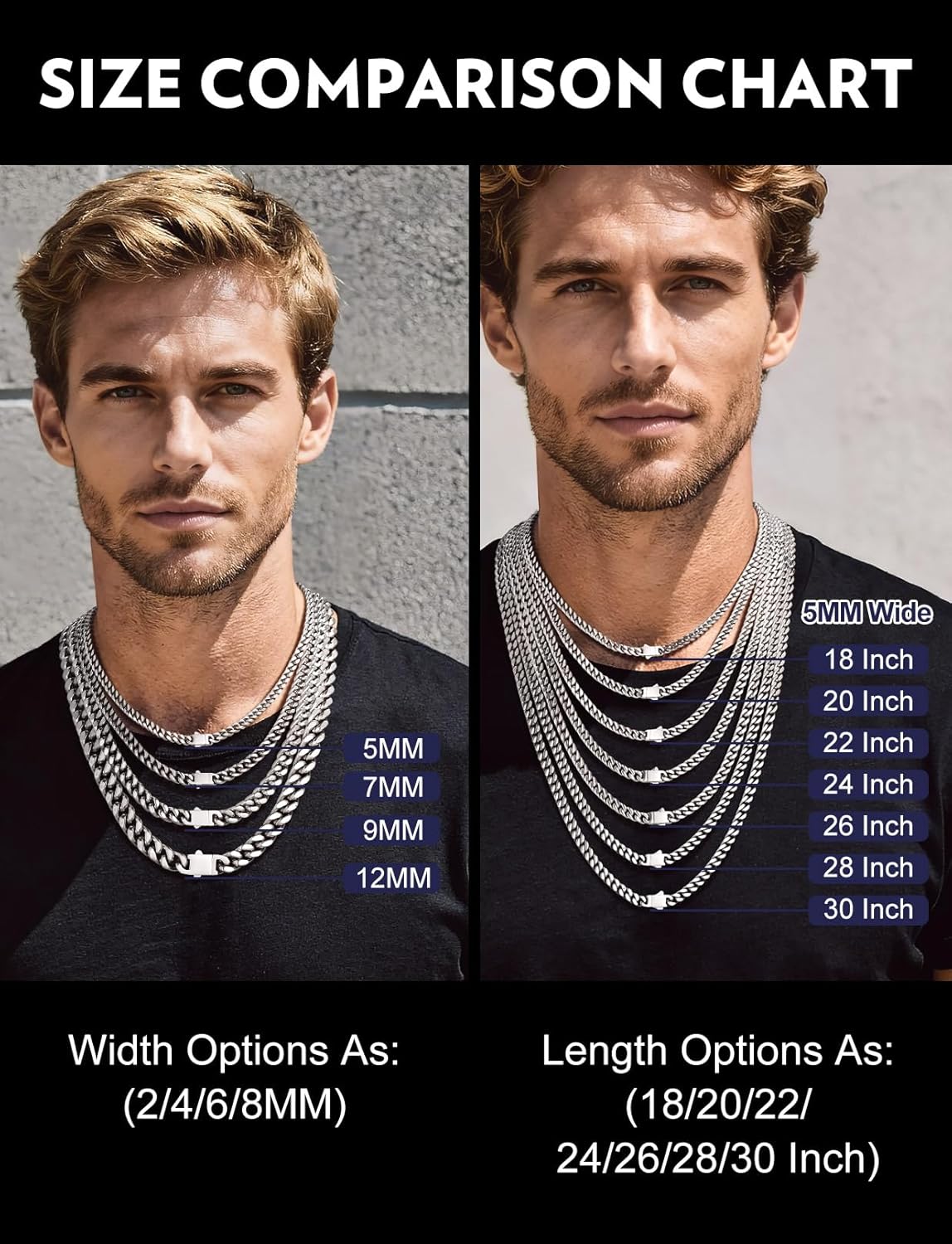 Bandmax Mens Stainless Steel Chain Necklaces 5/7/9/12MM Chunky Miami Cuban Link Chain Necklace Silver/Gold Plated/Black Chains for Men 18"-30"