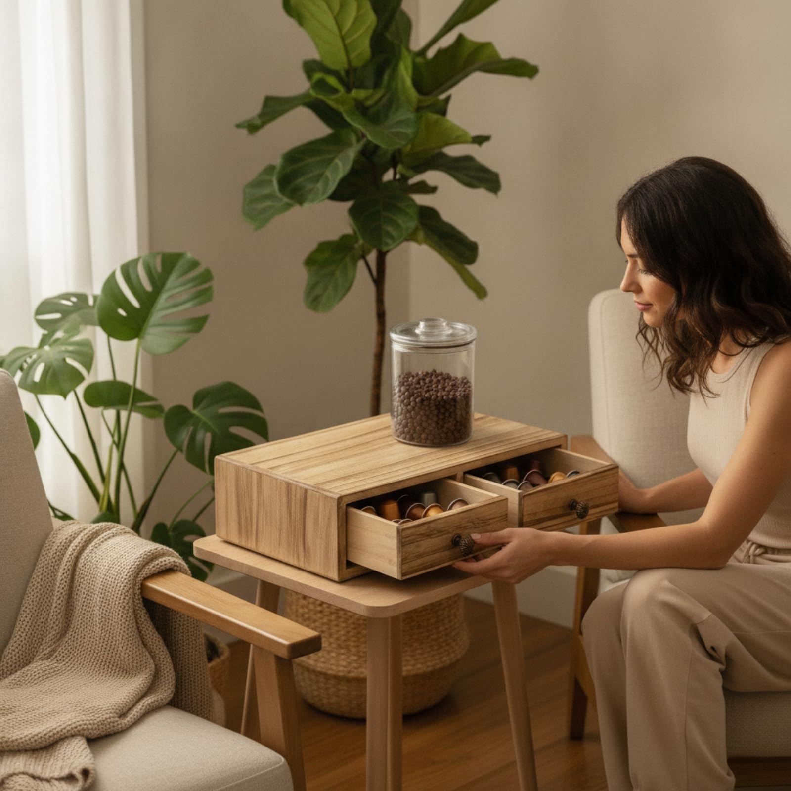 Kaffeemaschinenständer aus Massivholz mit Schubladen Und Ablagefläche für Kaffeemaschine Und Zubehör Kompakter Organizer mit Holzmaserung für Büro Und Zuhause