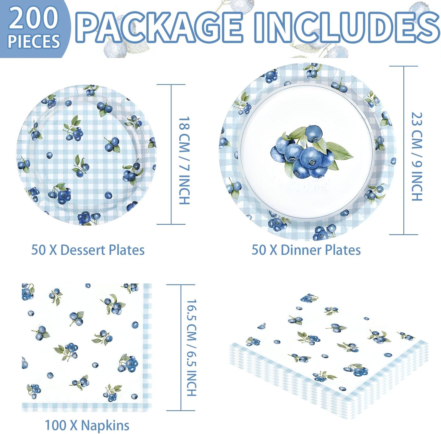 200Pcs Blueberry Party Decorations Blueberry Themed Plates and Napkins Blue and White Fruit Disposable Tableware Set for Birthday Picnic Tea Baby Shower Party Supplies Serves 50