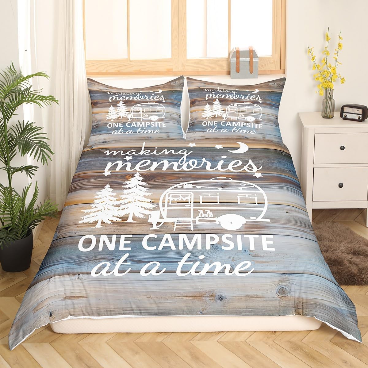 RV Camper Duvet Cover Queen,Camping Bedding Set Camping Decor,RV Travel Car Camping Comforter Cover for Men Adult,Wooden Plank Grunge Vintage Bed Sets Camping Accessories for Inside Blue Brown