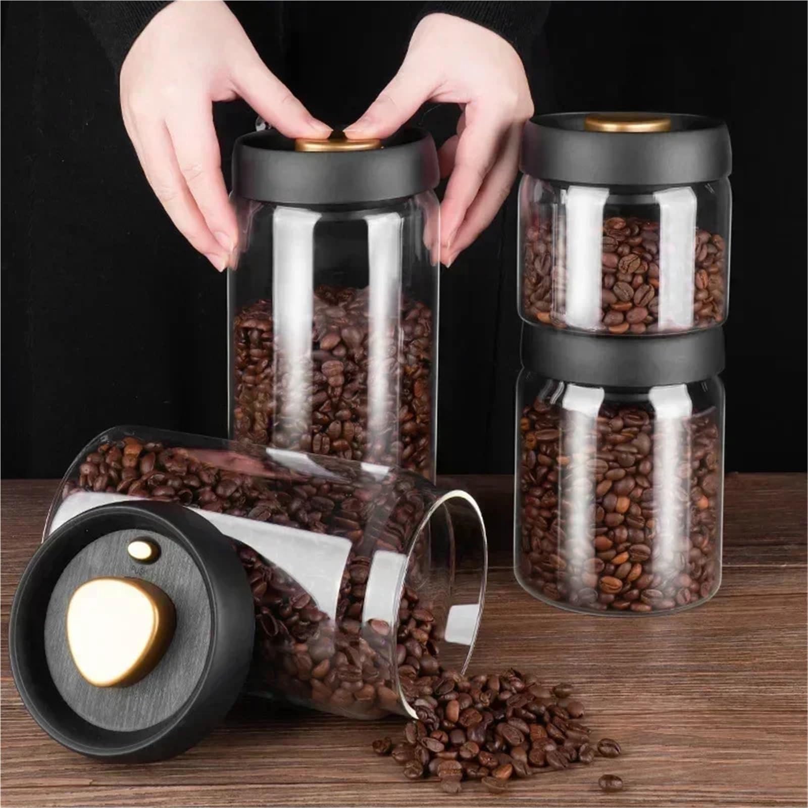 Transparentes Vorratsglas Vakuumversiegelter Behälter for Kaffeebohnen, luftdichte Dose for Lebensmittel, Getreide und Süßigkeiten, Frischhaltebehälter, Küchenzubehör(900ml)