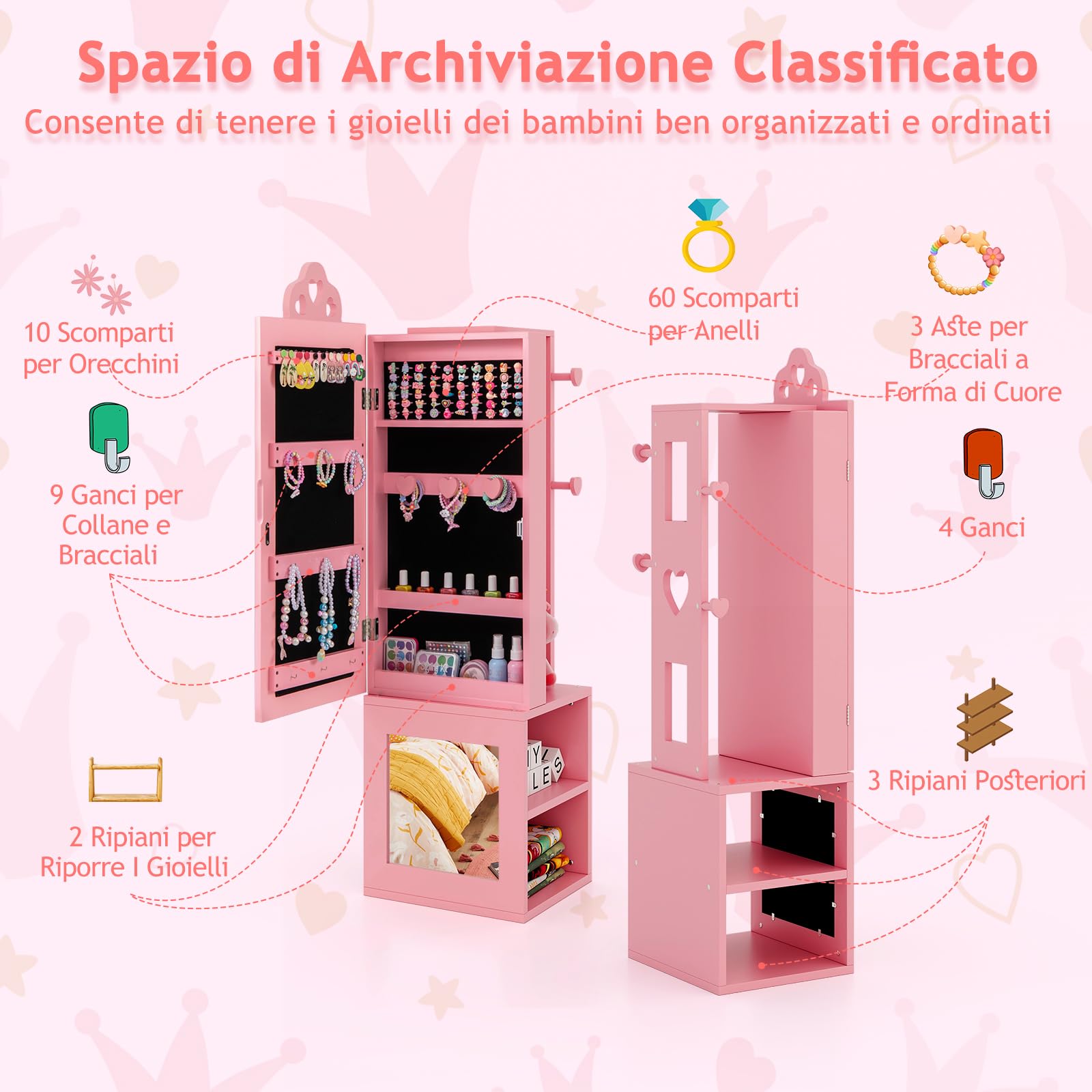 GYMAX Armadio per Gioielli per Bambini con Specchio a Figura Intera, Portagioie Bambina con Anti-ribaltamento, per Cameretta e Sala Giochi, 34 x 30 x 117 cm (Rosa)