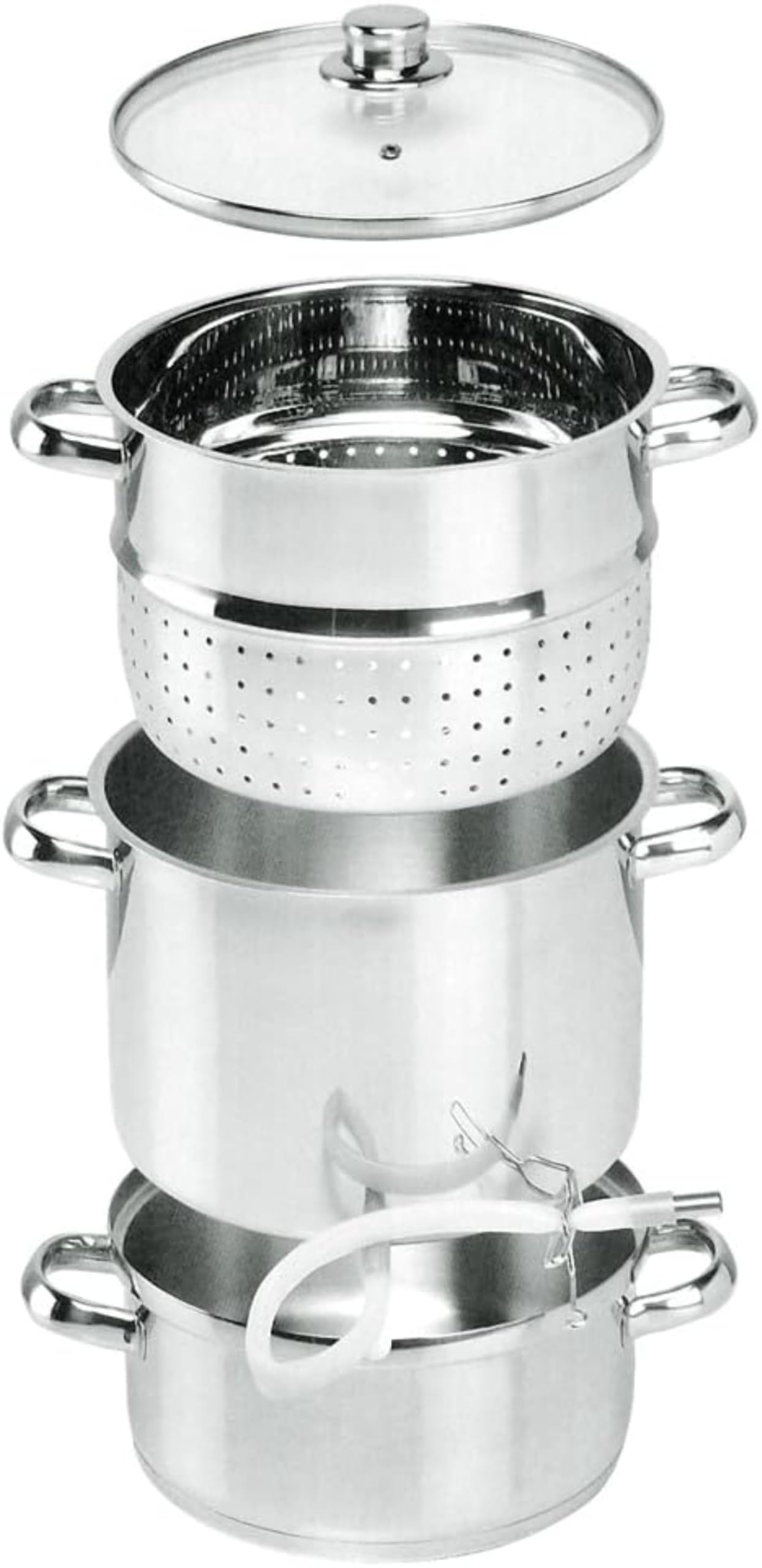 Baumalu, Extracteur de jus à vapeur, en inox, Système de pression efficace pour 6-7 kg de fruits et légumes, Polyvalent pour cuisson vapeur, Tous feux, Diamètre 26 cm, Couleur argent