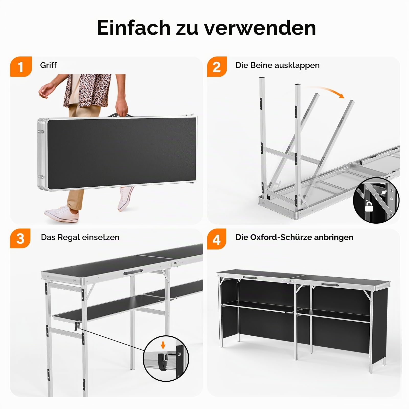 Bonnlo Campingtisch aus Aluminium, 2-stufige Ablage mit Oxford-Stoff, Outdoor Bartisch Klappbar, Leicht & Tragbar, inkl. Tragetasche, 198 x 38,5 x 87cm, bis 50kg, für Camping, Garten, Party & Picknick
