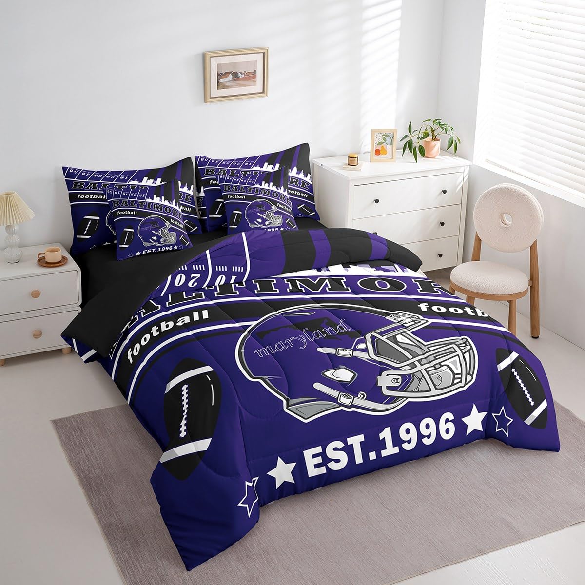 Feelyou Football 7 Pieces Comforter Sets Full Size Kids Baltimore Bedding Set for All Season Gifts for Football Fans Football City Bed in a Bag with Comforter, Sheets, Pillowcases & Cushion Cover